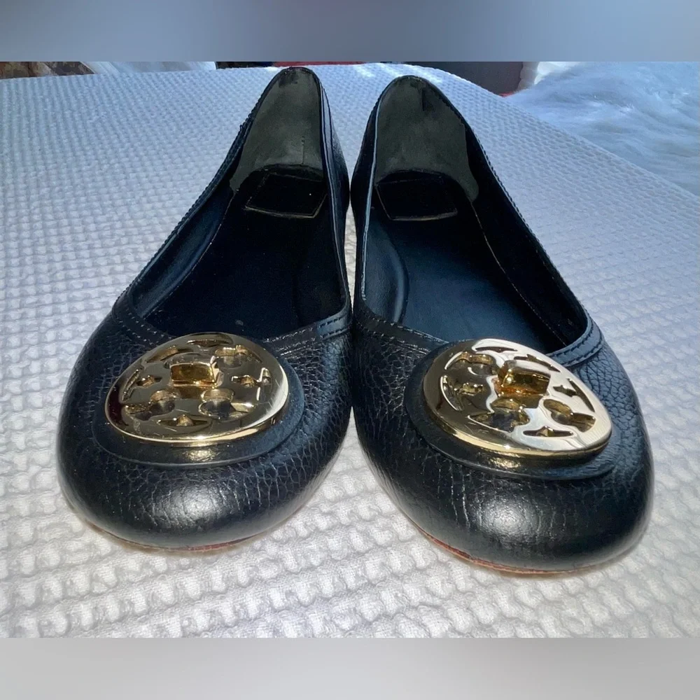 Tory Burch Black Flats with Gold Emblem
